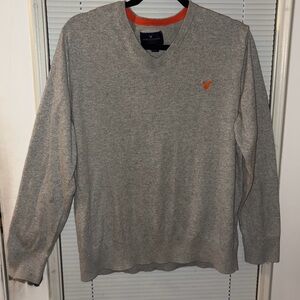American Eagle Outfitters Heather Gray V-Neck Sweater with Orange Logo